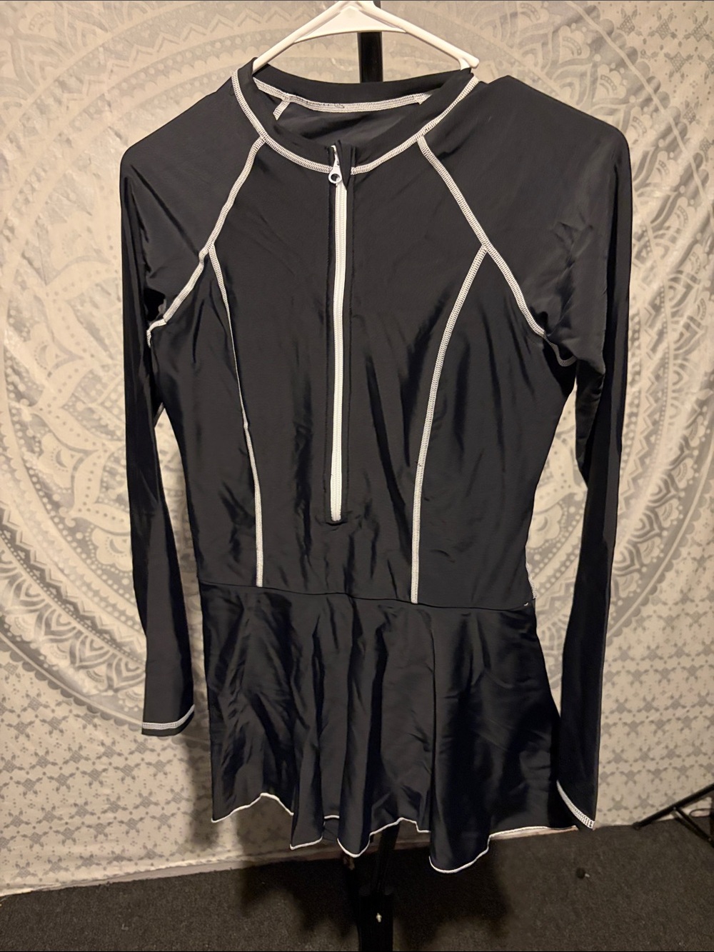 Source Unknown Black Long-Sleeve One-Piece Swim Dress with White Trim